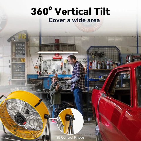 Garage workshop featuring 24 Inch Industrial Drum Fan With 8800 CFM High Velocity Air, heavy-duty metal, 360 degree tilt, wheels, yellow color
