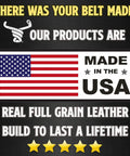 Label stating Men's Leather Belt 1.5 Inch Wide For Work Casual And Dress Black Brown Or Caramel Tan Colors Durable Everyday Belt made in USA.