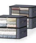4 Pack Storage Bags With Large Clear Window And Reinforced Sturdy Handles For Closet Dorm Bedding Clothes Pillows Toys And More Foldable Go To Closet Organizer In Grey Must Have For Home stacked with folded clothes.