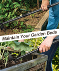 Person using 45 Inch Long Handle Garden Hoe 2 In 1 Cultivator For Weeding And Loosening Soil in a raised garden bed.