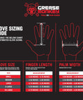Glove sizing guide image with measurements for Oil Change Ready Disposable Nitrile Gloves Pack Of 100 Medium Black Latex Free.