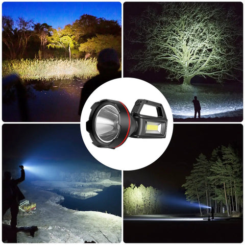Ultra Bright Rechargeable Spotlight Flashlight With Shoulder Strap And USB Output For Emergency Prep shown illuminating outdoors at night