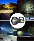 Rechargeable Spotlight Flashlight With Large Battery, High Lumen LED Searchlight, illuminating outdoor scenes at night