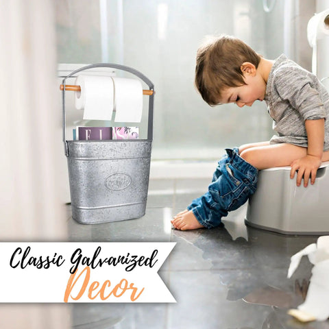 Farmhouse Freestanding Toilet Paper Holder With Reserve Storage For Mega Rolls And Magazines next to child on toilet