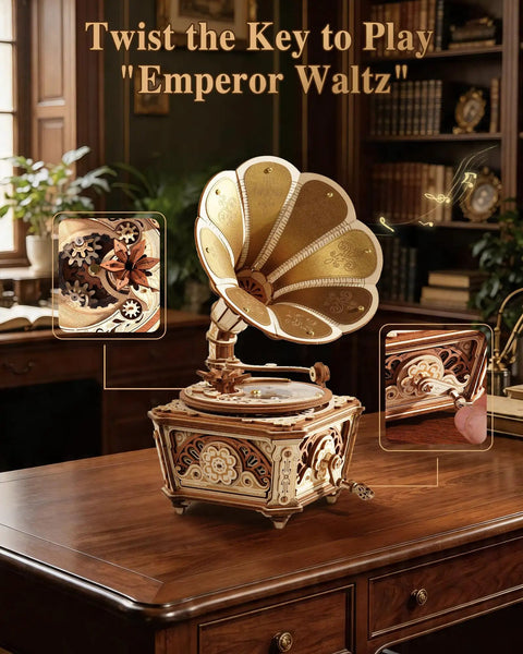 3D Wooden Phonograph Puzzle Kit for Adults, Diva Mechanical Music Box Model to Build, No Batteries Needed, on desk