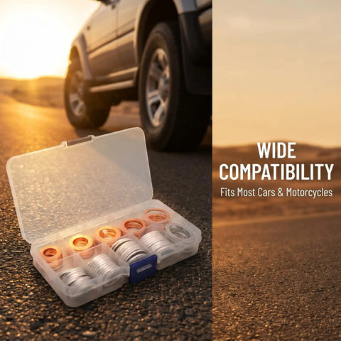 Oil Drain Plug Crush Washer Kit for Cars, Universal Gasket Set in Aluminum and Copper, storage box on road