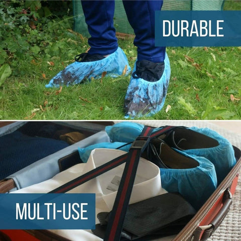 Ultra Thick Disposable Shoe Covers 120 Pack 60 Pairs Non Slip Water Resistant Booties in use outdoors and packed in suitcase