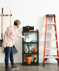 Go To Light Duty Storage Shelves With Ventilated 4 Shelf Rack For Home Garage Basement And Laundry Connects With Multiple Units For Expansive Organization Sturdy Black Shelving Unit For Flexible Storage, black plastic 4-shelf unit in garage