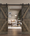 Rustic DIY Knotty Pine Wood Double Sliding Barn Door With Hardware Kit for 60 x 84 Inch Opening, aged barrel finish installed.