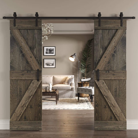 Rustic DIY Knotty Pine Wood Double Sliding Barn Door With Hardware Kit for 60 x 84 Inch Opening, aged barrel finish installed.