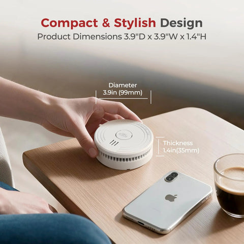 Top Shelf Smoke Detectors 12 Pack with Replaceable Batteries and 85dB Sirens shown on a table with coffee and phone.