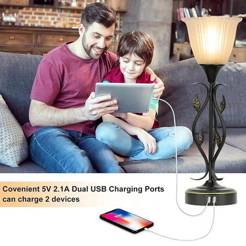 Set Of 2 Touch Control Table Lamps With 3 Way Dimmable Torchiere Lighting, Dual USB Charging Ports, Rustic Leaf Body visible