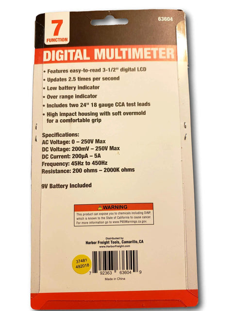 Back packaging of 7 Function Digital Multimeter For Pro Grade Electronic Measurements And Tests with specifications.