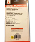 Back packaging of 7 Function Digital Multimeter For Diyers And Pros With Auto Zero Adjust Overrange Indicator, showing specifications.