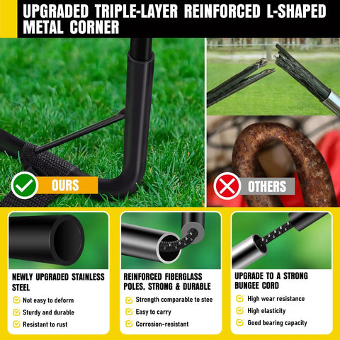 Close-up of reinforced L-shaped metal corner and fiberglass poles for Backyard Kids Soccer Goal Set 2 Pack 4x3 Ft Portable Pop Up Net