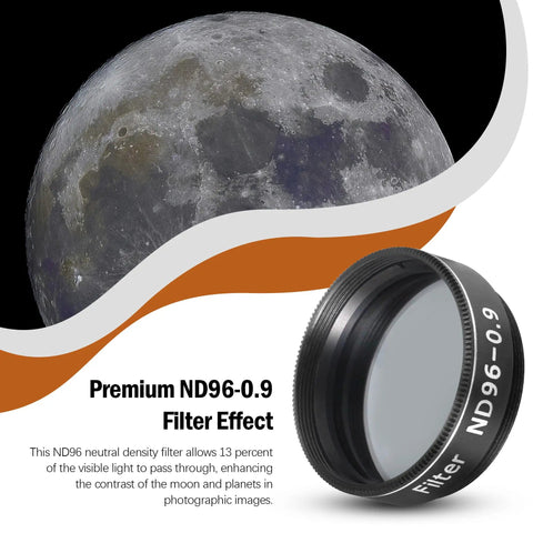 Deluxe 14 Piece 1.25 Inch Telescope Accessory Kit With Plossl Eyepieces, Colored Filters, Moon Filter, 2X Barlow Lens And Sturdy Carry Case showcasing ND96-0.9 filter with moon effect.