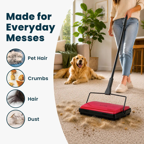 No Sweat Push Powered Carpet Sweeper With Triple Brush Heads For Big Time Dust Pickup On Area Rugs And Vinyl Floors in use collecting pet hair.