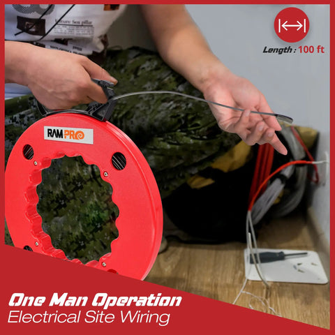 100ft Fiberglass Fish Tape Wire Puller With Durable Steel Spring Core And Ergonomic Handle, pulling wire in tight space.