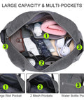 Interior of 17 Inch Personal Item Gym Bag For Women And Men, showing large wet pocket, mesh pockets, grey material, weekender use.
