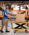 Heavy Duty Hydraulic Lift Table Cart Supporting 400 Pounds Featuring Built Like A Tank Steel Frame And Smooth Foot Pump For No Sweat Loading Plus Easy Hauling Across Shop Floors with customizable lift and descent control in a warehouse.
