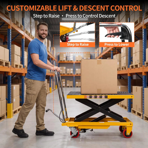Heavy Duty Hydraulic Lift Table Cart Supporting 400 Pounds Featuring Built Like A Tank Steel Frame And Smooth Foot Pump For No Sweat Loading Plus Easy Hauling Across Shop Floors with customizable lift and descent control in a warehouse.