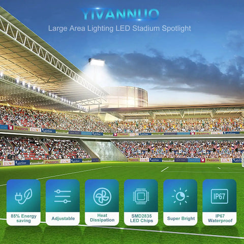 Stadium lit by Beastly 600W Outdoor LED Flood Lights 2 Pack, Ultra Bright 60,000 Lumens, 7000K Cool White, IP67 Waterproof