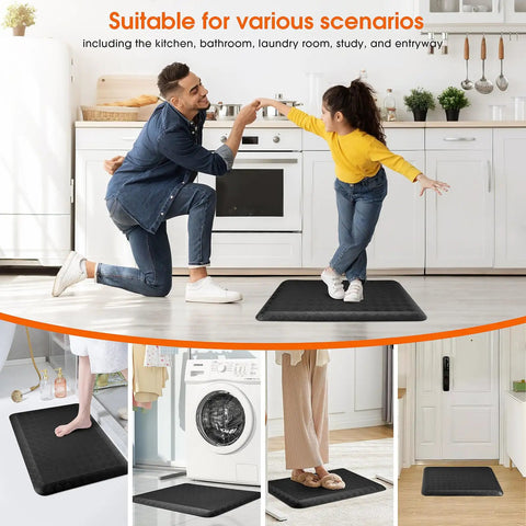 Extra Thick Four Fifths Inch Non Slip Anti Fatigue Kitchen Floor Mat Waterproof Stain Resistant Cushioned Comfort Mat For Standing And Office Use 17 By 24 Inches Black in kitchen and laundry room settings.