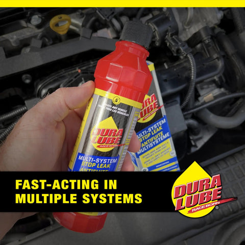 Hand holding All In One Stop Leak For Engine, Transmission, Power Steering And More, 8 Oz Bottle, Stops Leaks Across Multiple Systems, Rejuvenates Seals, Gaskets And O Rings, Prolonging Lifespan And Preventing Future Leaks in engine bay