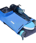 Mesh Drawstring Swim Bag With Wet Pocket For Gym And Pool Gear showing towel, slippers, and water bottle inside, navy blue.
