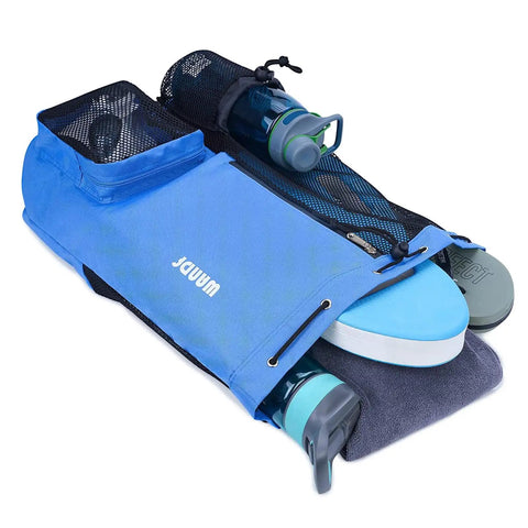 Mesh Drawstring Swim Bag With Wet Pocket For Gym And Pool Gear showing towel, slippers, and water bottle inside, navy blue.