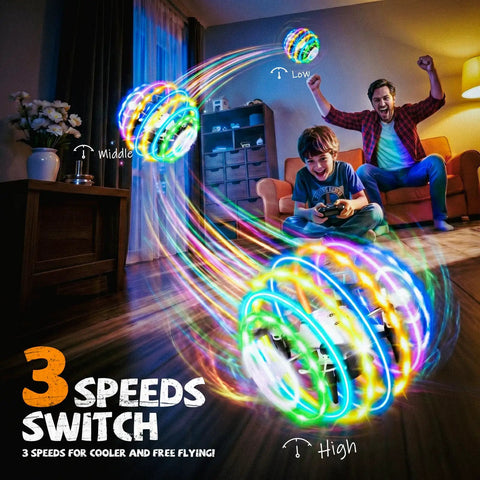 360 Degree RGB Light Rotation Kids Drone With Altitude Hold One Key Takeoff And Landing Side Fly 3 Speed Modes action shot indoors