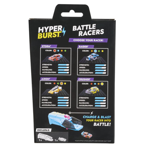 Back of Hyper Burst Battle Racers packaging showing available models including Yellow Crusher Battle Racers Micro Scale Car With Launcher, Epic Speed, Battle Action Toy Set, Over 600 MPH Scale Speed, Includes Launcher, Ages Five And Up