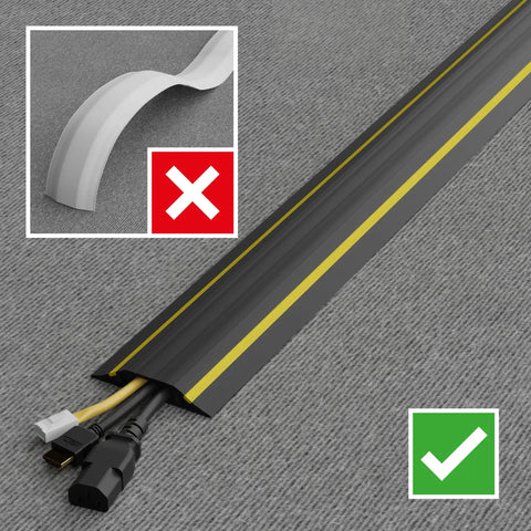 6ft Floor Cord Cover Linkable Cable Protector for hiding extension cords, black and yellow, placed on grey carpet with cords inside