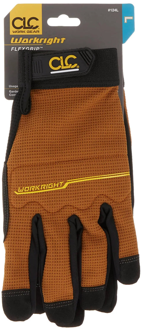 Flex Grip Work Gloves With Shrink Resistant Synthetic Leather For Tough Outdoor Jobs Improved Dexterity Stretchable Durable Fit Excellent Grip Assorted Sizes, front view showing brown and black synthetic leather material.