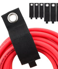 Heavy Duty Extension Cord Holder And Cable Management Organizer With Secure Storage Straps To Skip The Tangled Mess And Keep Your Garage Snag Free 6 Pack Value Set showing black strap on red hose.