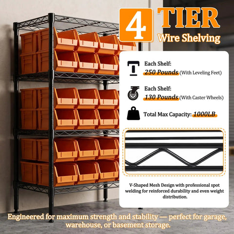 Built Like A Brick 4 Tier Wire Shelving Unit With Locking Heavy Duty Casters And Adjustable Metal Shelves Beast Mode 1000 Pound Capacity Storage Rack displaying orange bins and wire frame.