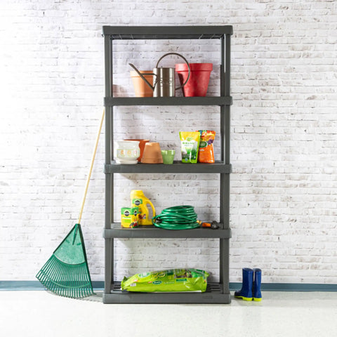 Hustle Proof Five Shelf Heavy Duty Plastic Storage Rack With Ventilated Perforated Shelves Holding Up To One Hundred Fifty Lbs Per Level For Garage Basement Project Organization