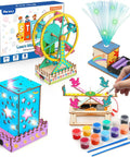 4 In 1 STEM Kit For Kids Featuring 3D Wooden Puzzles A Mini Ferris Wheel Build A Fiber Optic Lamp And Star Night Light shown assembled