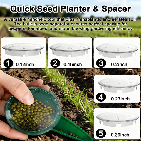 Seed Planter Tool Set With Seed Spreader And Mini Planter For Small Seeds Handy Handheld Gardening Kit showing different seed spacers.