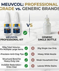 Comparison chart showing Meuvcol Glue Kit bottles with features vs a generic glue bottle.