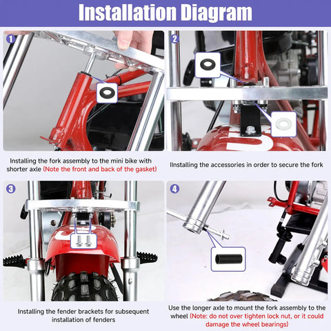 Installation diagram showing steps to fit Beefed Up Mini Bike Front Suspension Forks Kit Replacement For Coleman CT200U and similar models