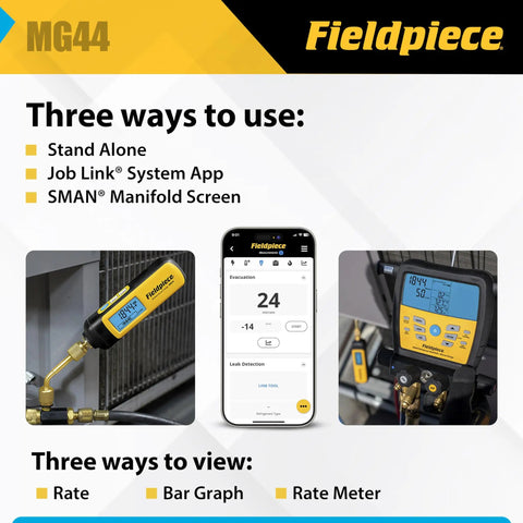 HVACR Wireless Vacuum Gauge MG44 For Quick Pro Grade Micron Readings With Reversible Angled Coupler For a Secure Seal Standalone Or Job Link App Or SMAN Manifold Screen All In One Long Range Vacuum Tool For Tight Spaces.