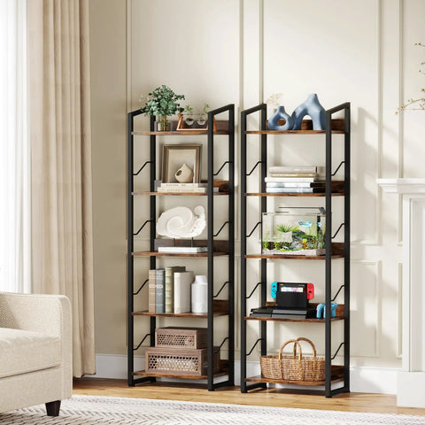Five Tier Tall Bookshelf Featuring Rustic Brown Wood Panels And Sturdy Metal Frame Narrow Storage Organizer Perfect For Living Room Or Home Office Slick Display Rack Built Tough As Nails To Keep Your Stuff Neat And Tidy Without A Fuss