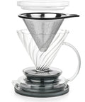 Premium Borosilicate Glass Pour Over Coffee Dripper With Reusable Stainless Steel Filter, showcasing all parts stacked together.
