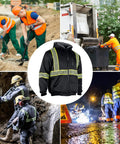Men's Reflective Wool Fleece Safety Hoodie With High Visibility ANSI Class 3 Work Jacket Sweatshirt For Construction Sites Black XL in various work settings.