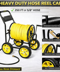 Heavy Duty Hose Reel Cart With Wheels Capacity Up To Two Hundred Fifty Feet Of Five Eighth Inch Hose Sturdy Metal Frame Portable