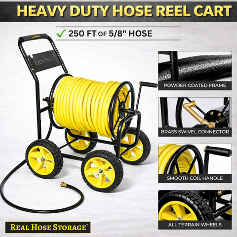 Heavy Duty Hose Reel Cart With Wheels Capacity Up To Two Hundred Fifty Feet Of Five Eighth Inch Hose Sturdy Metal Frame Portable