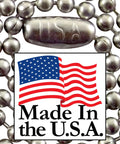 Close-up of 24 Inch Ball Chain Necklace In T304 Stainless Steel, featuring U.S.A. tag, Made In the USA badge, rust resistant matte finish.