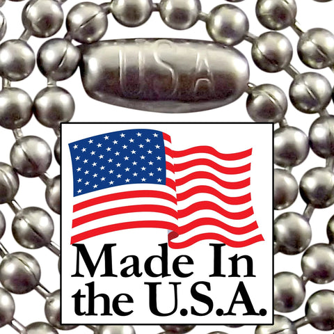 Close-up of 24 Inch Ball Chain Necklace In T304 Stainless Steel, featuring U.S.A. tag, Made In the USA badge, rust resistant matte finish.