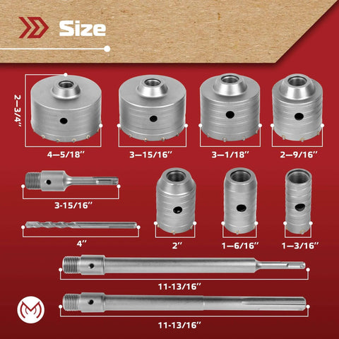MonoPro 17-piece concrete hole saw kit, front view with two drill bits and SDS/Max shank bits.